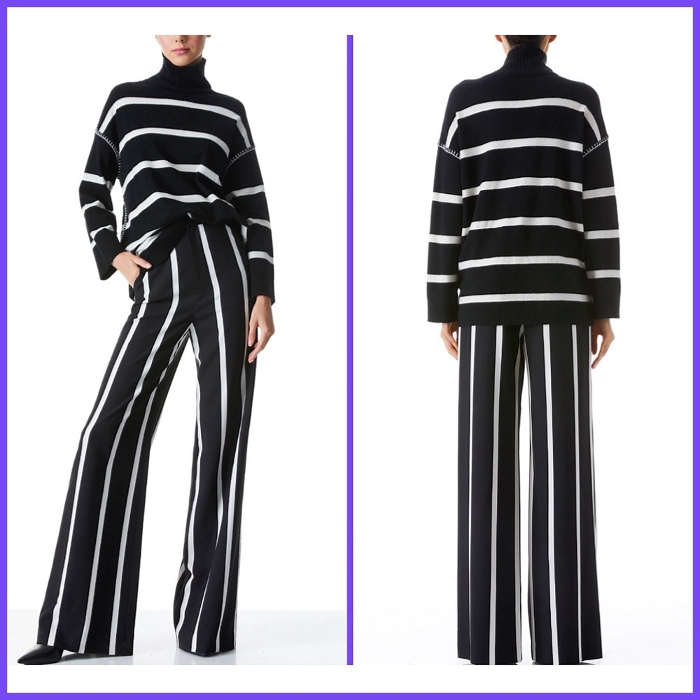 Alice + Olivia Bobbie Black White Striped Wool and Cashmere Blend Tunic Sweater - Picture 15 of 17